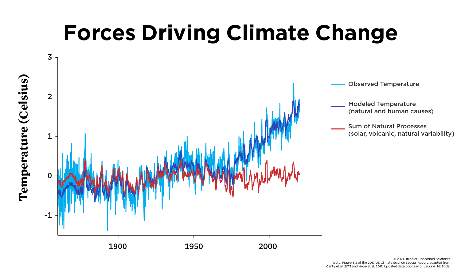 A line graph comparing observed temperature changes with the sum of natural processes