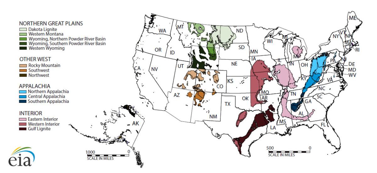 A map of coal fields in the United States