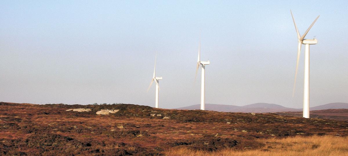 Three wind turbines in a row.