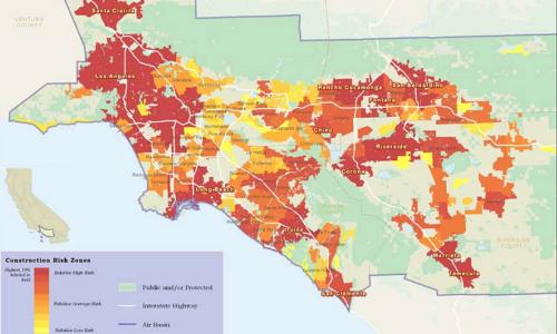 map showing areas of highest risk from construction pollution in Los Angeles metropolitan area