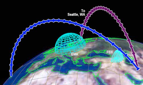 Illustration showing trajectories of missiles fired from Iran to US in relation to European radar systems