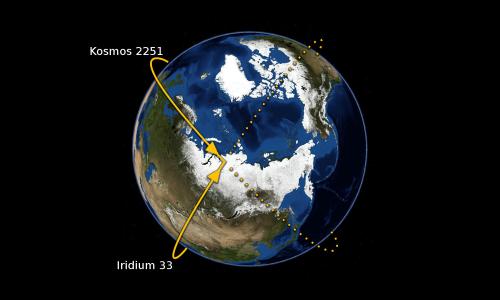 Illustration of two satellites colliding over northern Siberia in February 2009