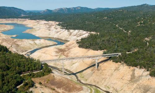 An aerial of California's Lake Oroville Showing Record Drought in 2014 