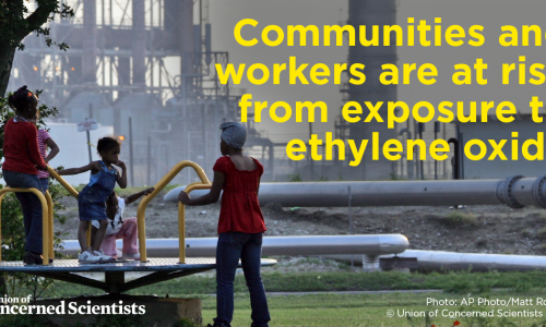 A graphic with the text "Communities and workers are at risk from exposure to ethylene oxide" overlaid over a photo of children on a merry go round in front of an industrial building.