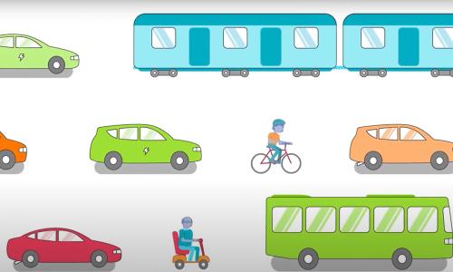 illustration of mobility options including evs, bikes, train, cars, and a scooter