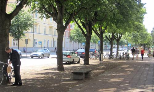 A smart growth street featuring multiple modes of transportation.